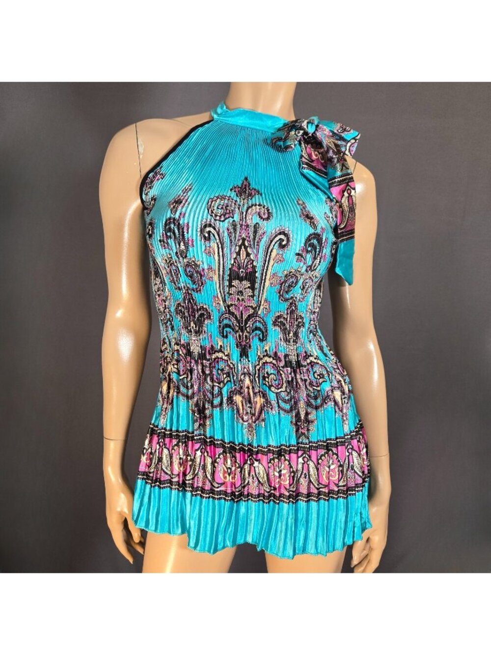 Y2K Blue Accordion Pleated Satin Sleeveless Tunic Top Tie Neck Size S Boho Glam
